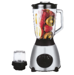 Blender multifonction DENX DX2001, bol rempli de fruits et bol broyeur, socle en inox
