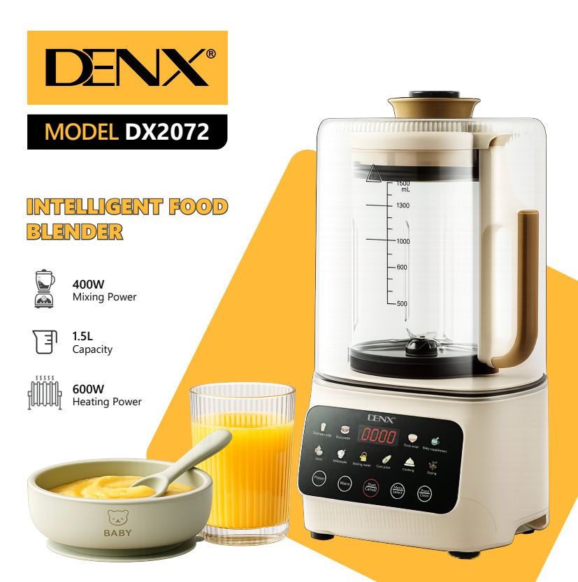 Blender chauffant DENX DX2072, visuel de présentation avec bol de soupe et verre de jus