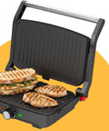 Grill de contact électrique 1500 W DENX DX2094, ouvert avec panini et filets de poulet