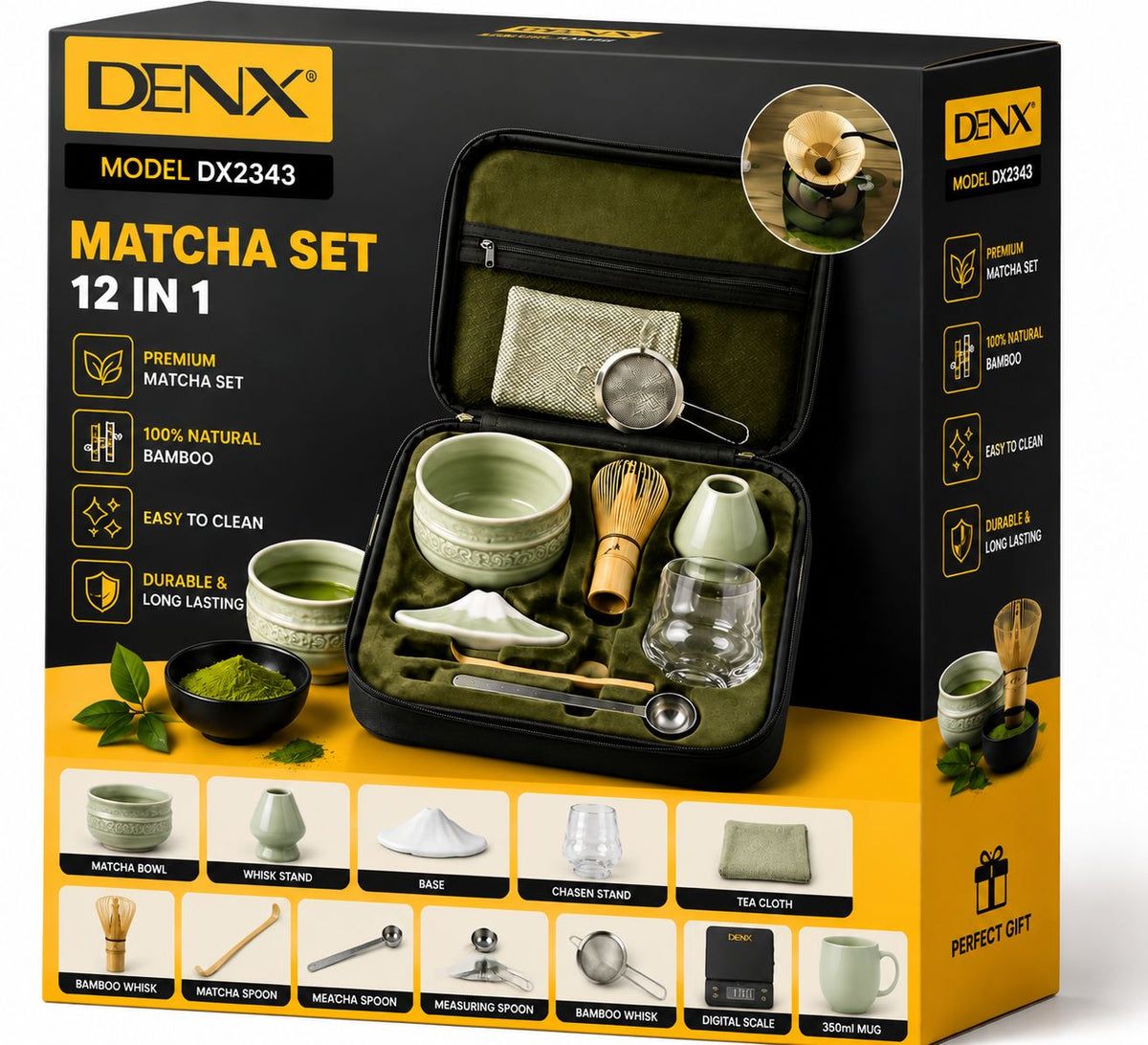 Boîte du set à matcha 12-en-1 DENX DX2343, avec la liste des douze accessoires
