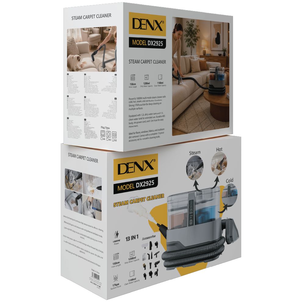 Boîte du nettoyeur vapeur pour moquette DENX DX2925, recto et verso