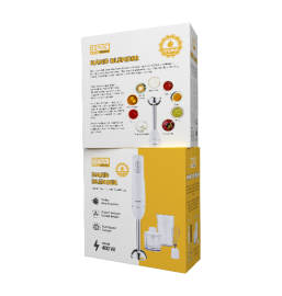 Boîte du mixeur plongeant DENX, avec ses accessoires en illustration