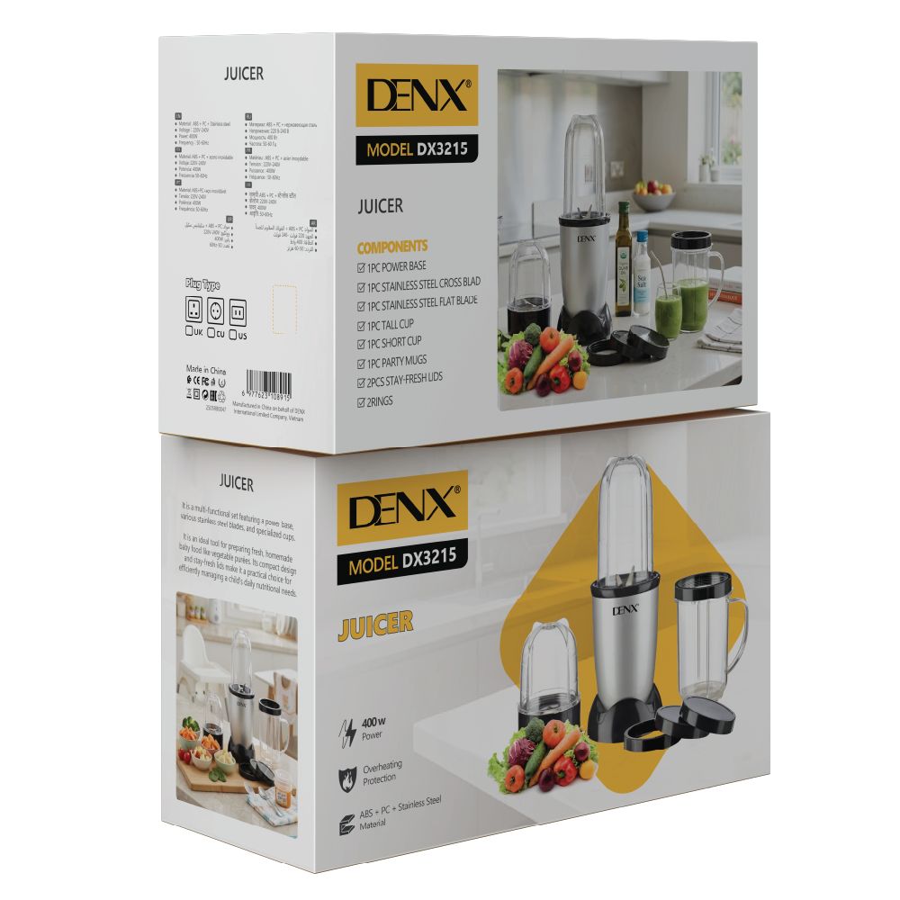 Boîte de l'extracteur de jus DENX DX3215, recto et verso