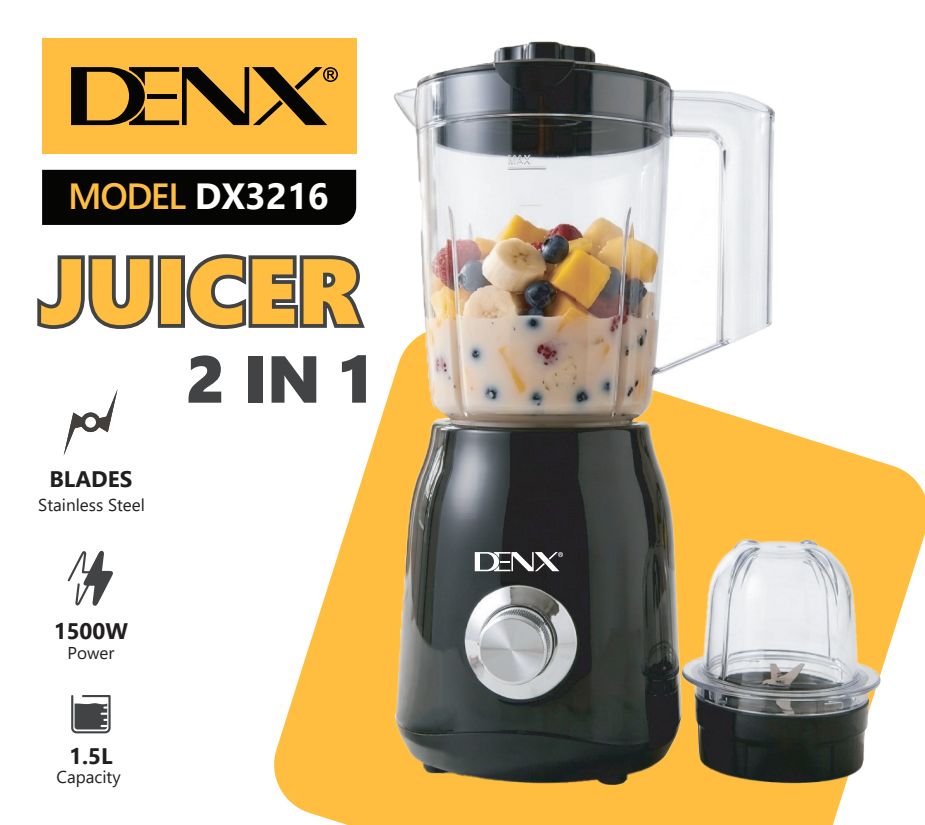 Extracteur de jus 2-en-1 DENX DX3216, visuel de présentation avec bol de fruits et broyeur