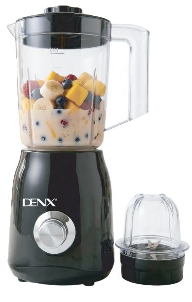 Extracteur de jus DENX DX3216, bol gradué rempli de fruits et bol broyeur, corps noir
