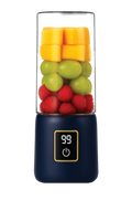 Extracteur de jus portable 500 ml DENX, gourde bleu nuit garnie de fruits, écran allumé