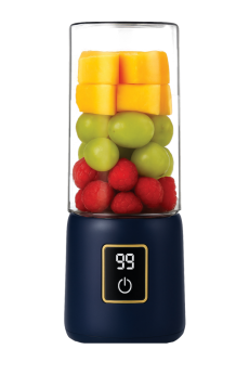 Extracteur de jus portable 500 ml DENX, gourde bleu nuit garnie de fruits, écran allumé