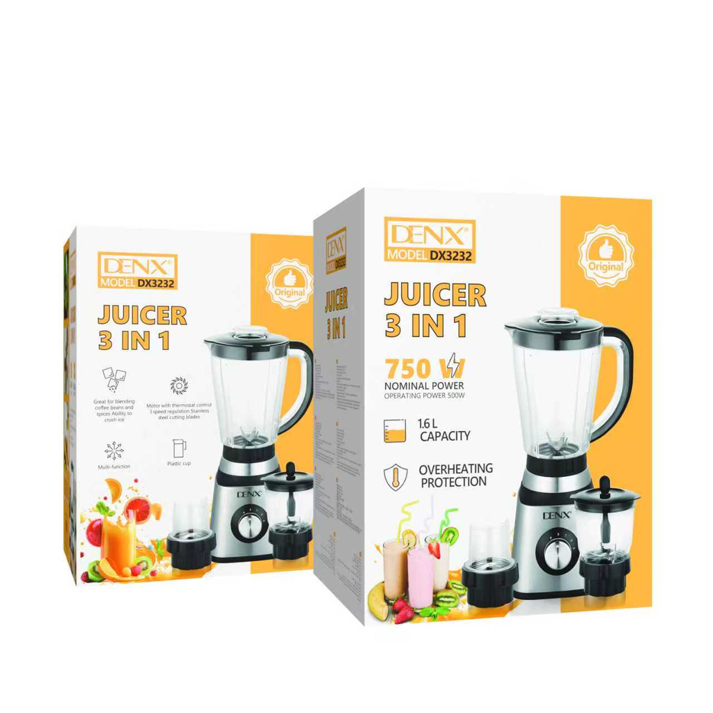 Boîte du blender multifonction 3-en-1 DENX DX3232, recto et verso