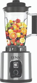 Blender multifonction DENX DX3233, bol transparent rempli de fruits sur socle en inox