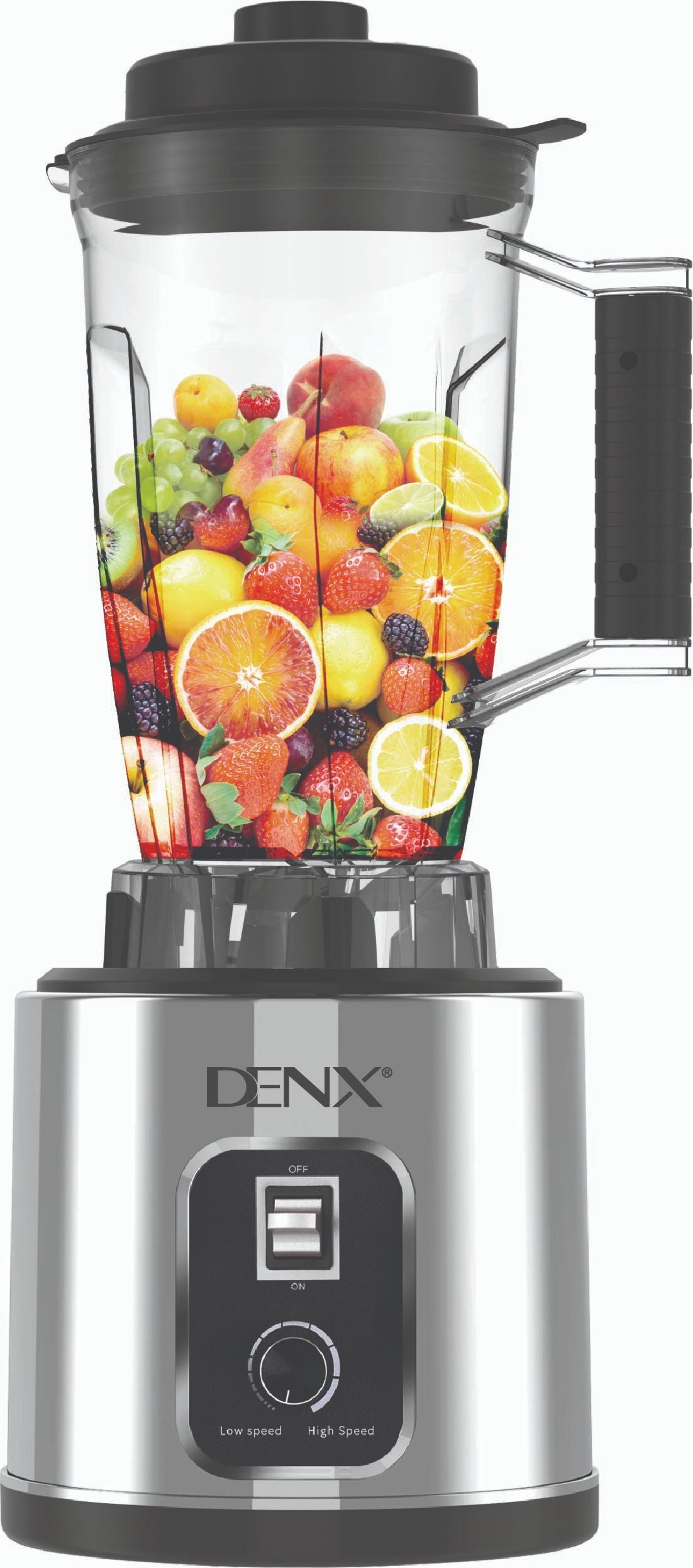 Blender multifonction DENX DX3233, bol transparent rempli de fruits sur socle en inox