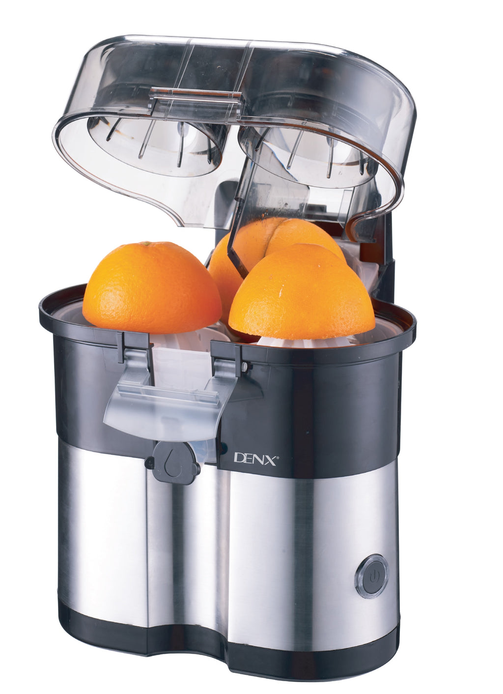 Presse-agrumes électrique 380 ml DENX DX3238, couvercle relevé et oranges sur les deux cônes