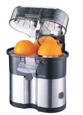 Presse-agrumes électrique 380 ml DENX DX3238, couvercle relevé et oranges sur les deux cônes