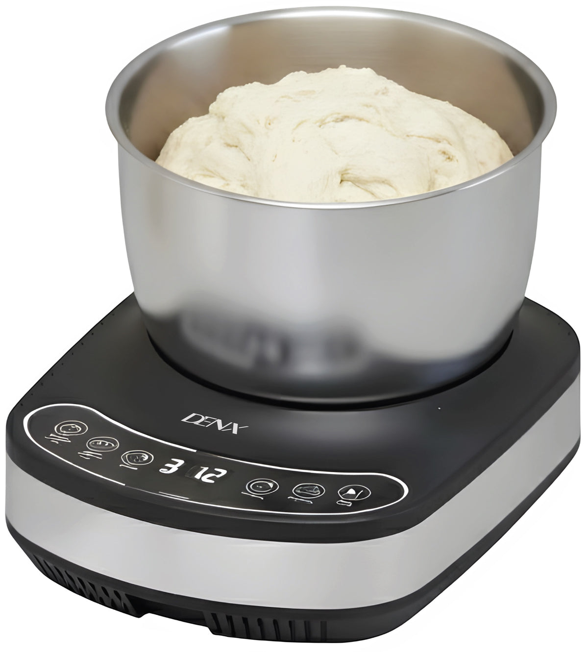 Pétrin électrique 5 L DENX DX3240, cuve inox remplie de pâte sur son socle à commandes tactiles
