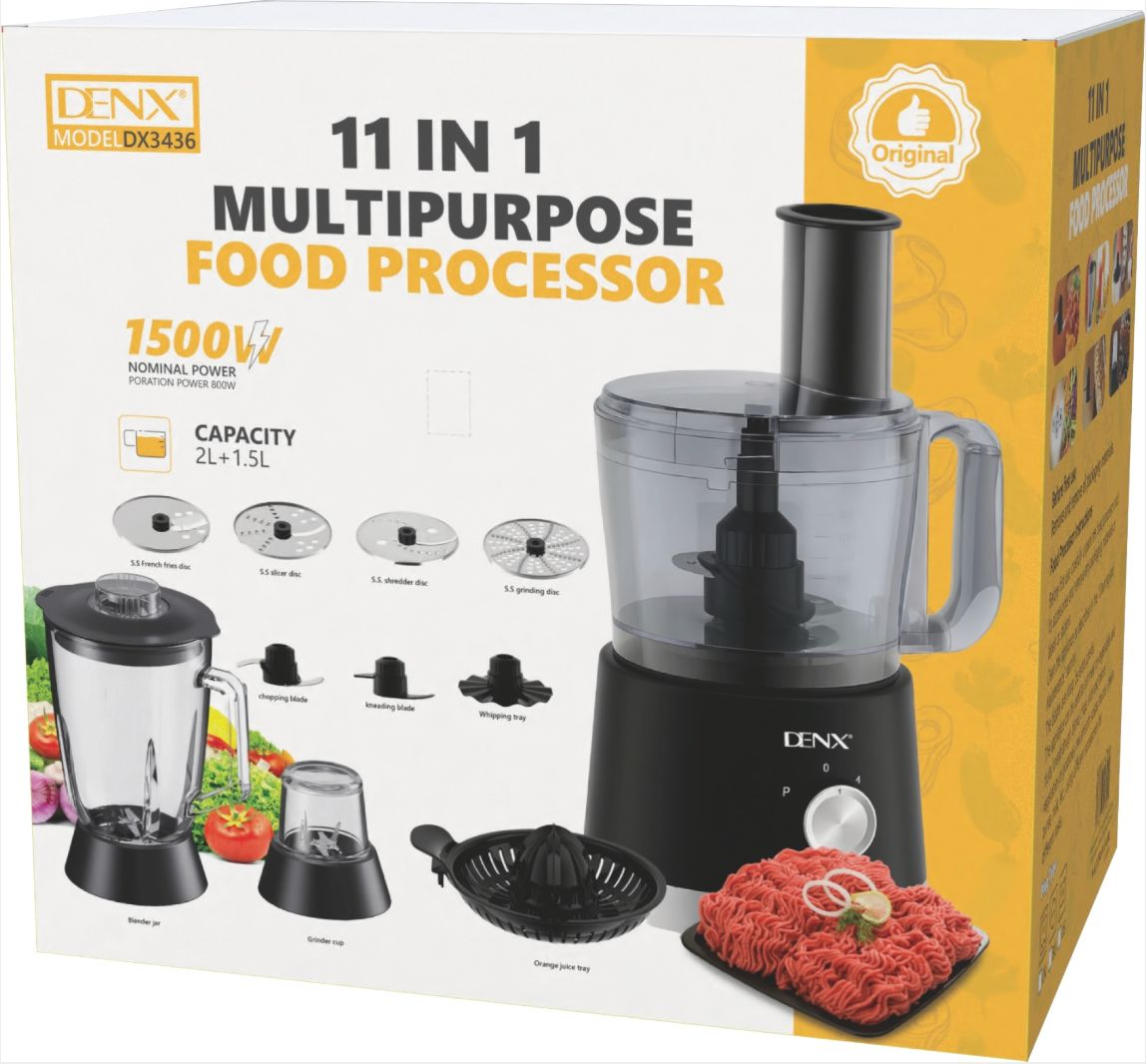 Boîte du robot multifonction DENX DX3436, accessoires illustrés sur l'emballage