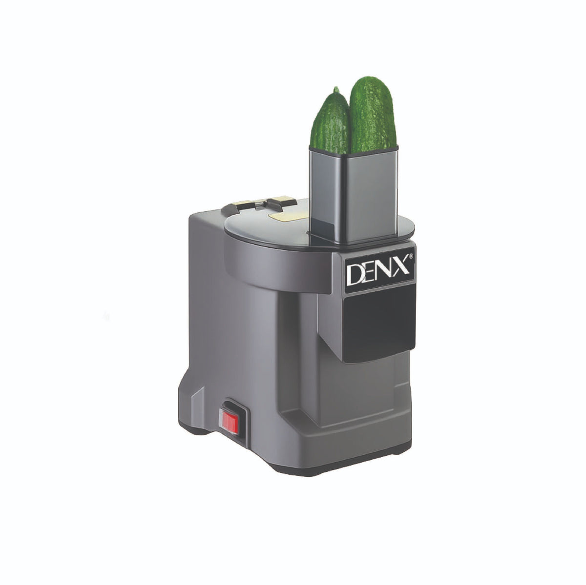 Coupe-légumes électrique DENX DX3440, gris, concombres engagés dans la cheminée