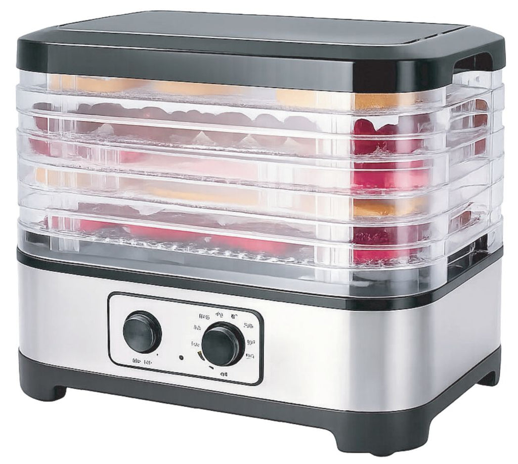 Déshydrateur alimentaire DENX DX3448, cinq plateaux transparents garnis de fruits