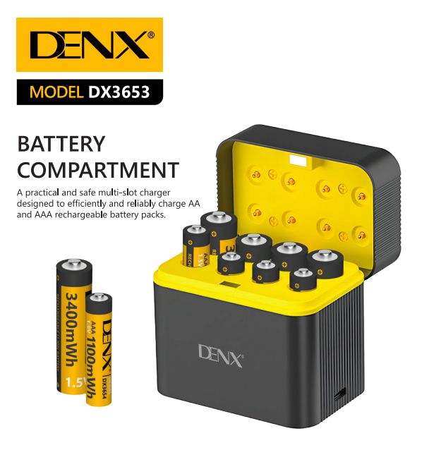 Chargeur de piles DENX DX3653 avec piles AA et AAA, visuel de présentation