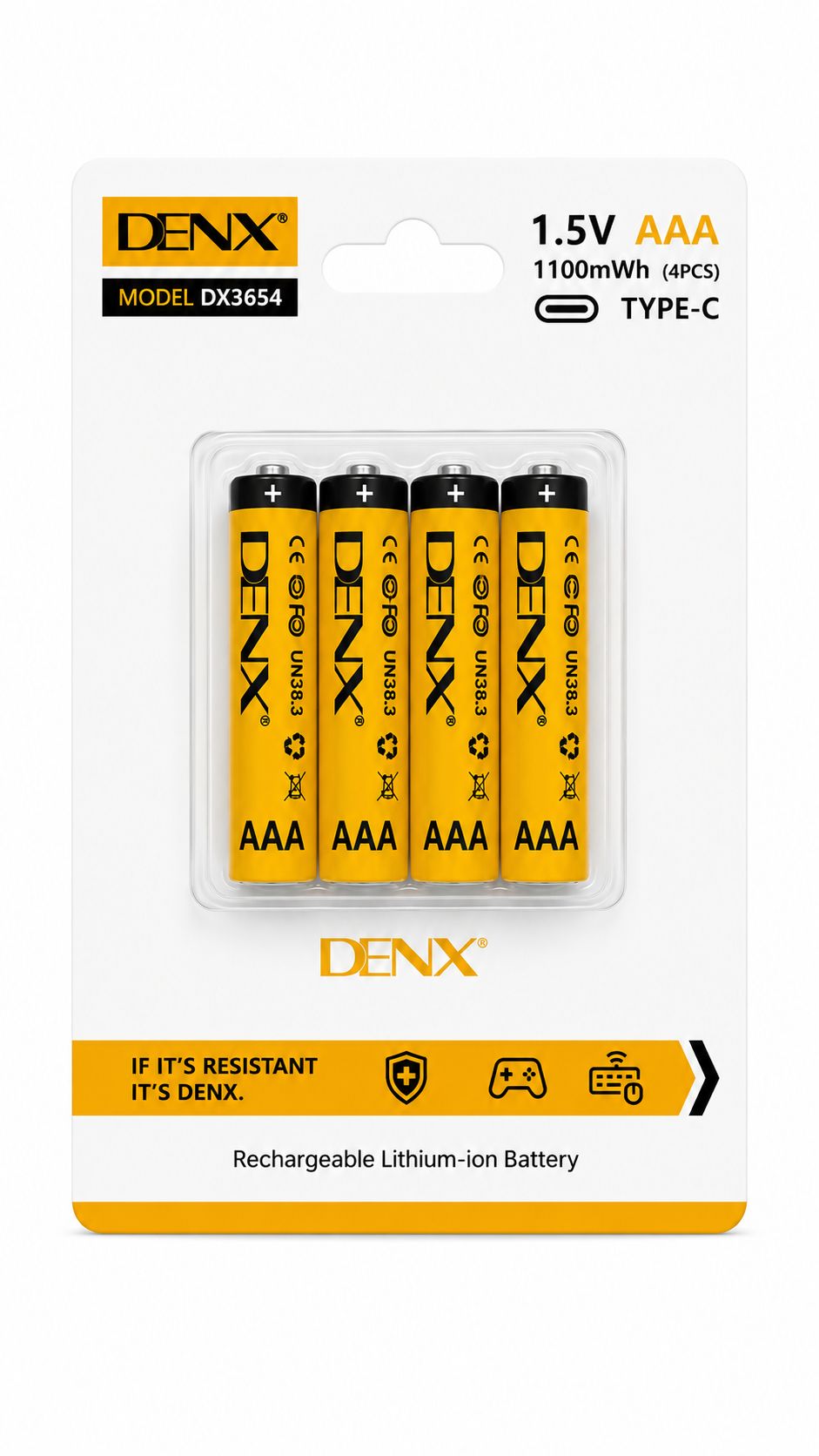 Blister de 4 piles rechargeables lithium AAA 1,5 V DENX DX3654