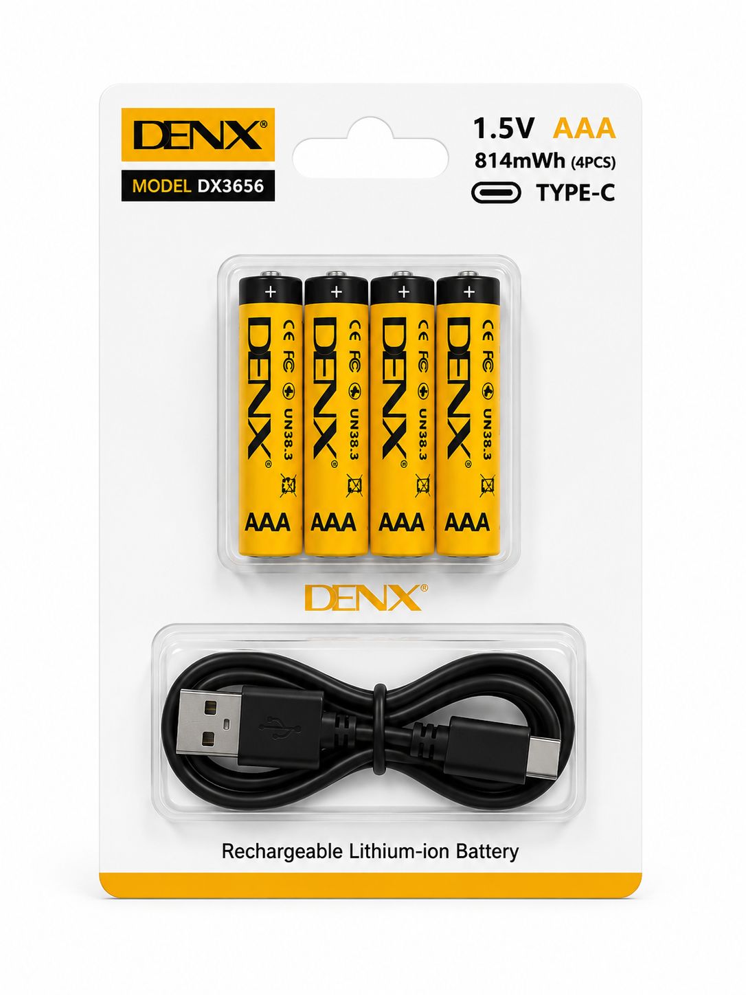 Blister de 4 piles rechargeables lithium AAA 1,5 V USB-C DENX DX3656 avec câble