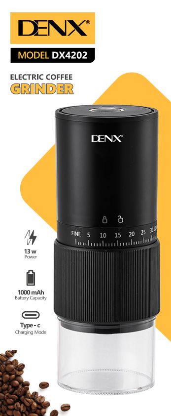 Moulin à café électrique 200 ml DENX DX4202, visuel de présentation avec grains de café