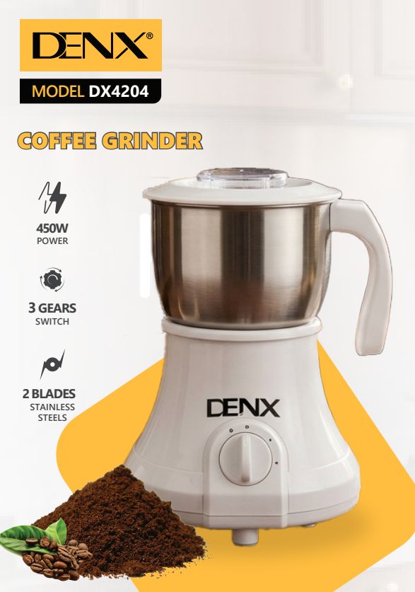 Moulin à café électrique 600 ml DENX, visuel de présentation avec café moulu