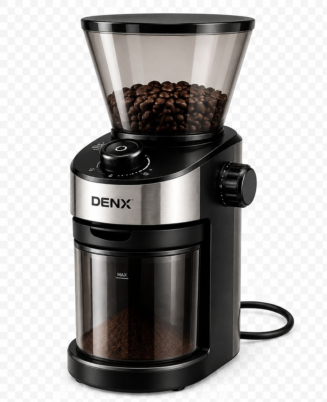 Moulin à café électrique DENX DX4209, trémie à grains transparente et bac de récupération