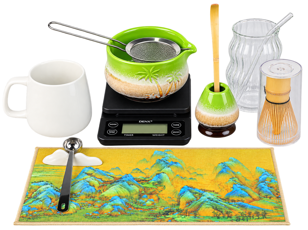 Accessoires du set à matcha DENX DX4214 : balance, bol, fouets en bambou et tamis