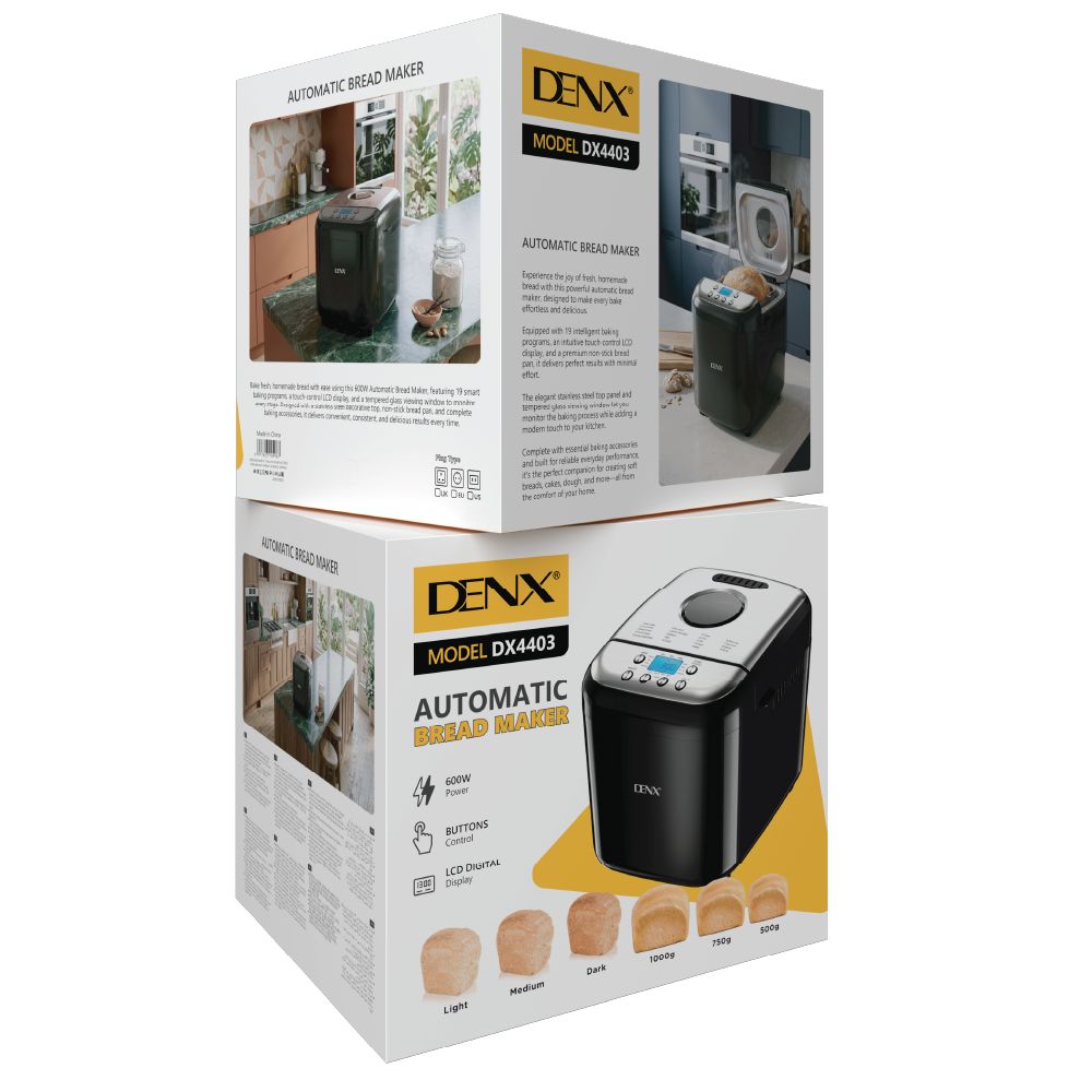 Boîte de la machine à pain DENX DX4403, recto et verso