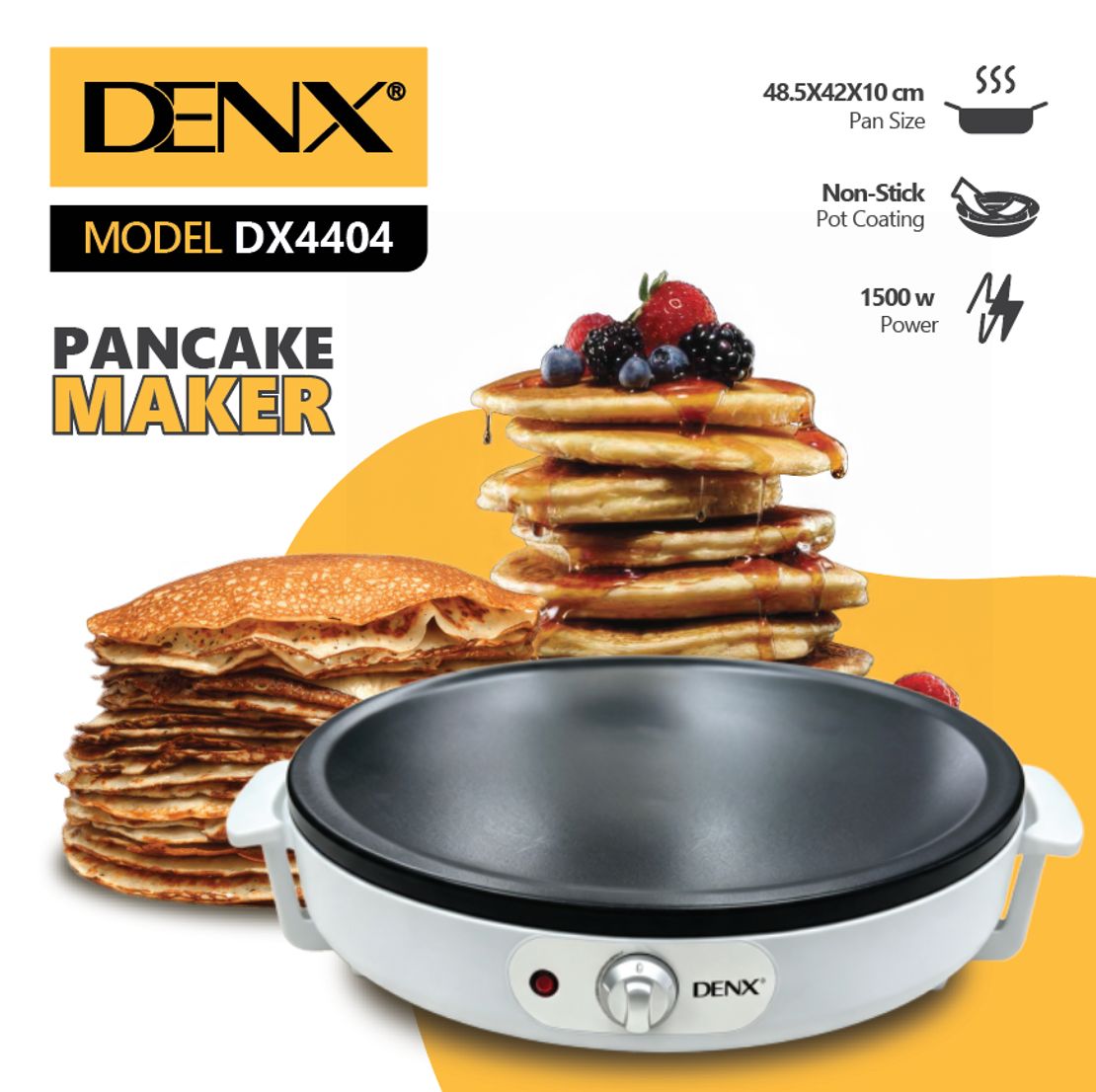 Crêpière électrique DENX DX4404, visuel de présentation avec pile de pancakes